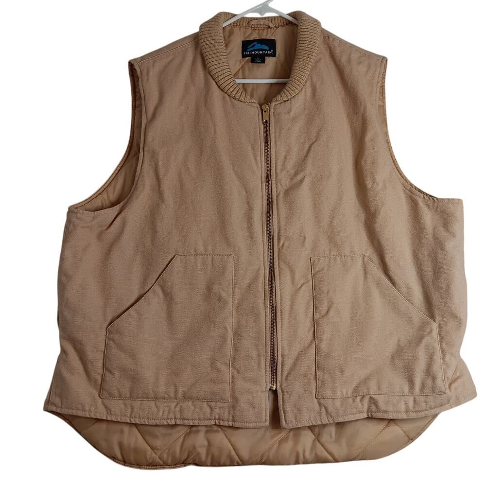 Tri-Mountain‎ Canvas Vest Mens XL Tan Diamond Quilt Lined Zip Outdoors Utility